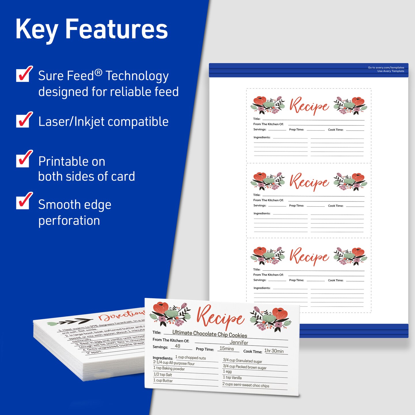 Avery Printable Index Cards, Sure Feed Technology, 3" x 5", Matte White, Laser & Inkjet Compatible, 150 Blank Cards Total (5388)