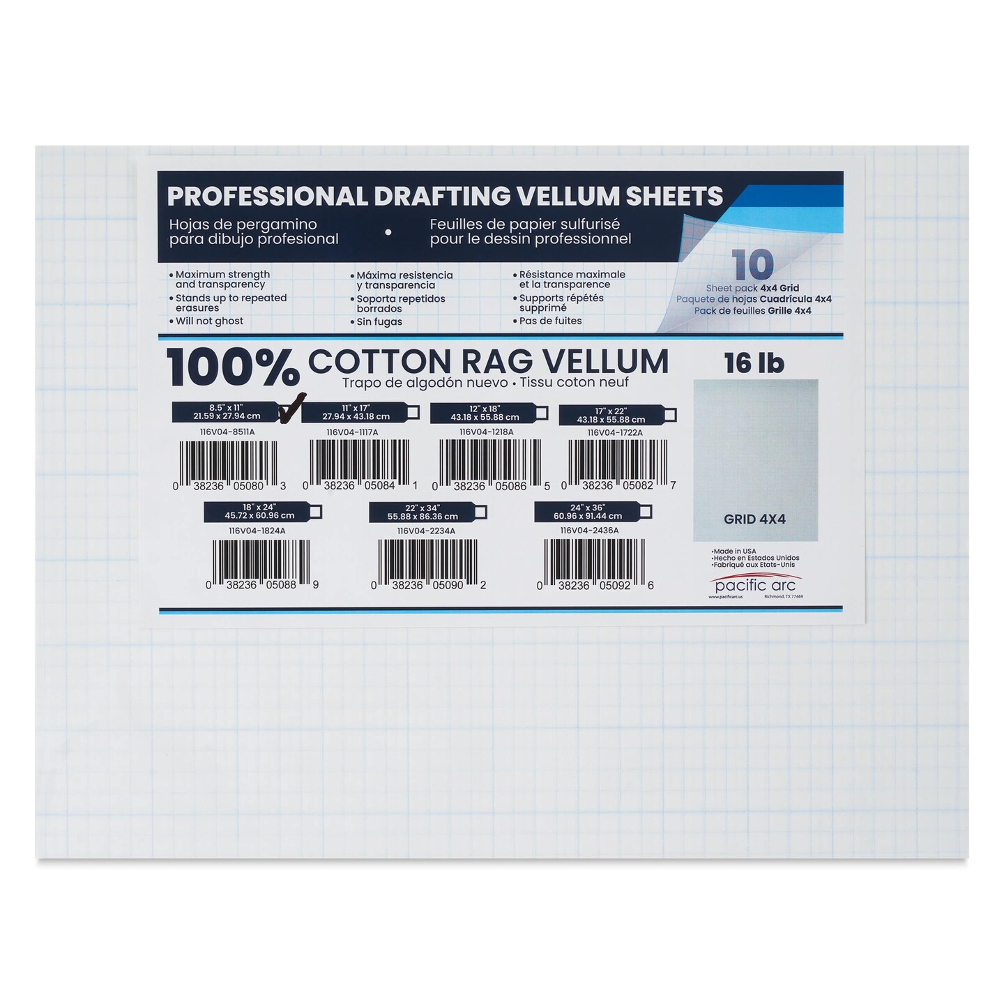 Pacific Arc Gridded Drafting Vellum Pack - 4 x 4 Grid, 8-1/2" x 11". Pkg of 10