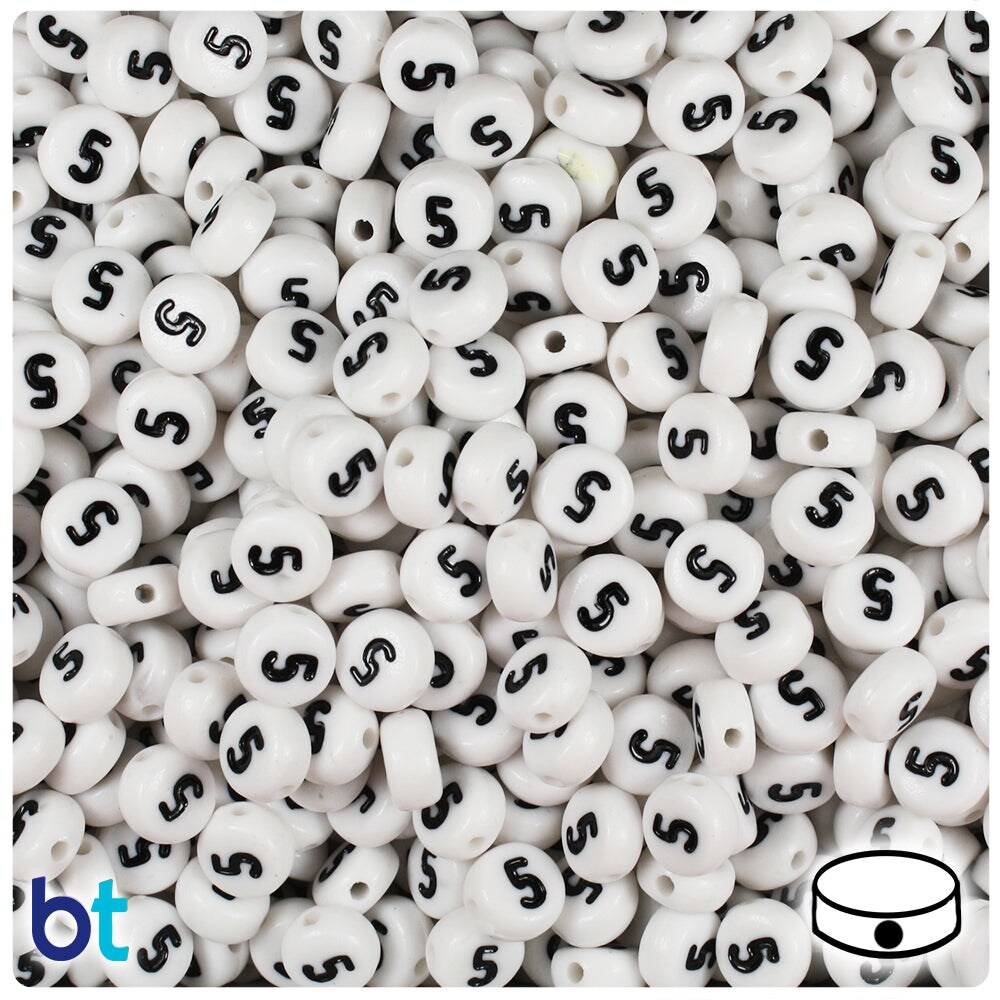 BeadTin White Opaque 7mm Coin Plastic Alpha Beads - Black Number 5 (100pcs)