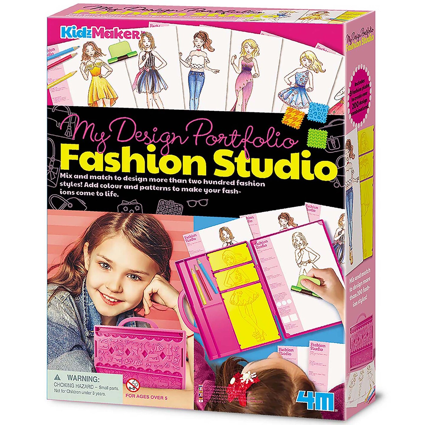 4M: KidzMaker: My Design Portfolio Fashion Studio - Design &#x26; Draw Outfits, Mix &#x26; Max Pattern Rubbing Plates, Travel Case, Arts &#x26; Craft Set, Kids 5+