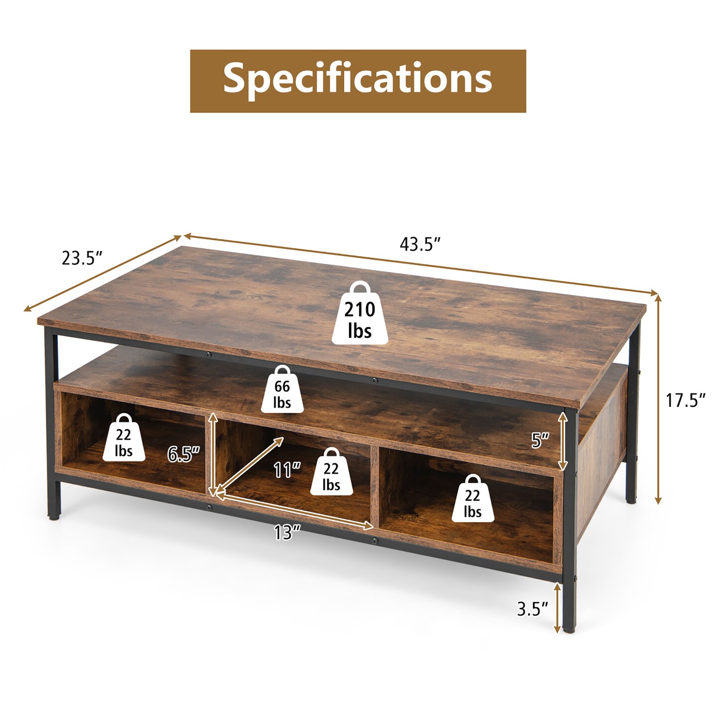 Costway Industrial Coffee Table with Open Storage Metal Frame Center Table for Living Room