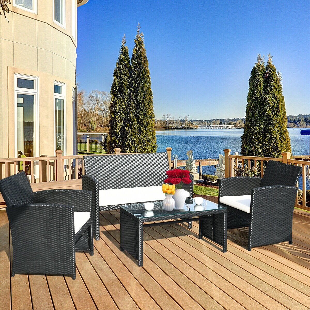 Goplus 4PCS Patio Rattan Furniture Conversation Set Cushioned Sofa Coffee Table Black