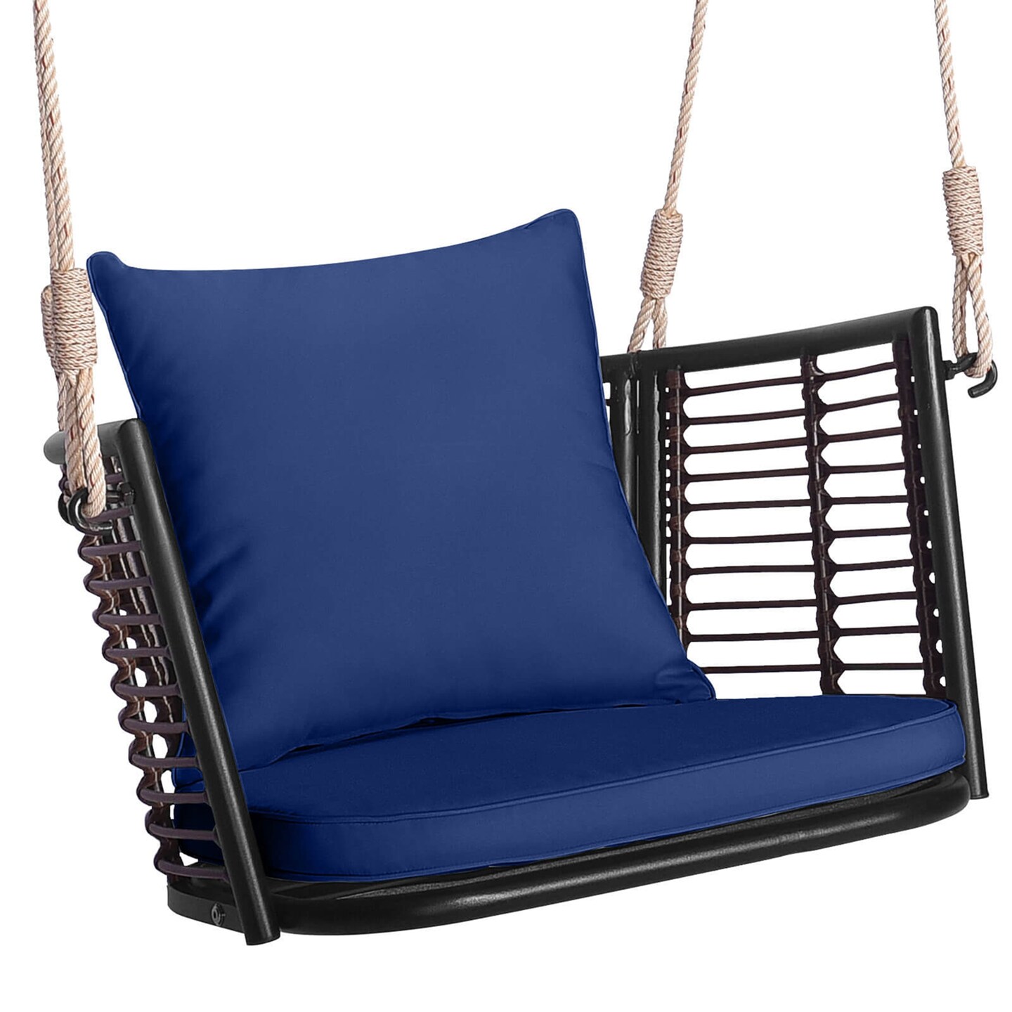 Costway Patio Hanging Rattan Basket Chair Swing Hammock Chair with Seat Cushion Navy/Grey/Beige