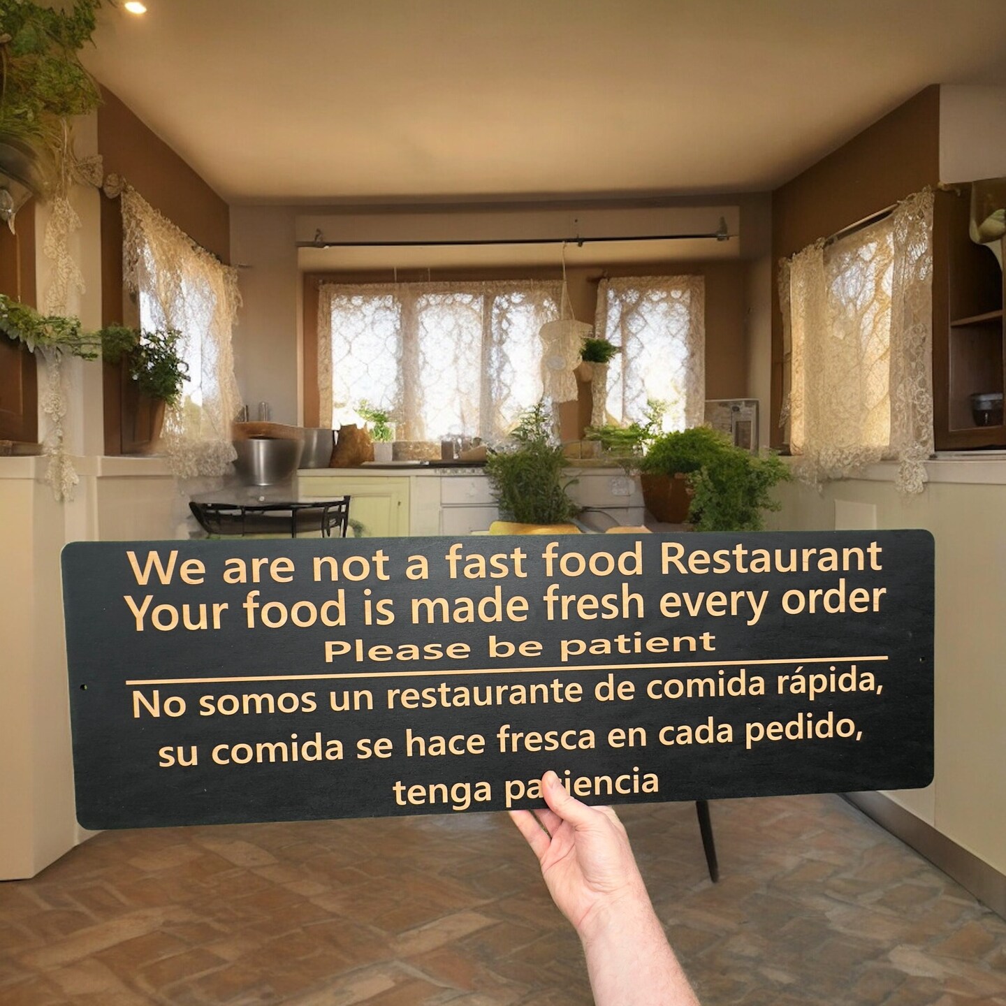 Sign - English &#x26; Spanish - We are not a fast food restaurant Please Be Patient