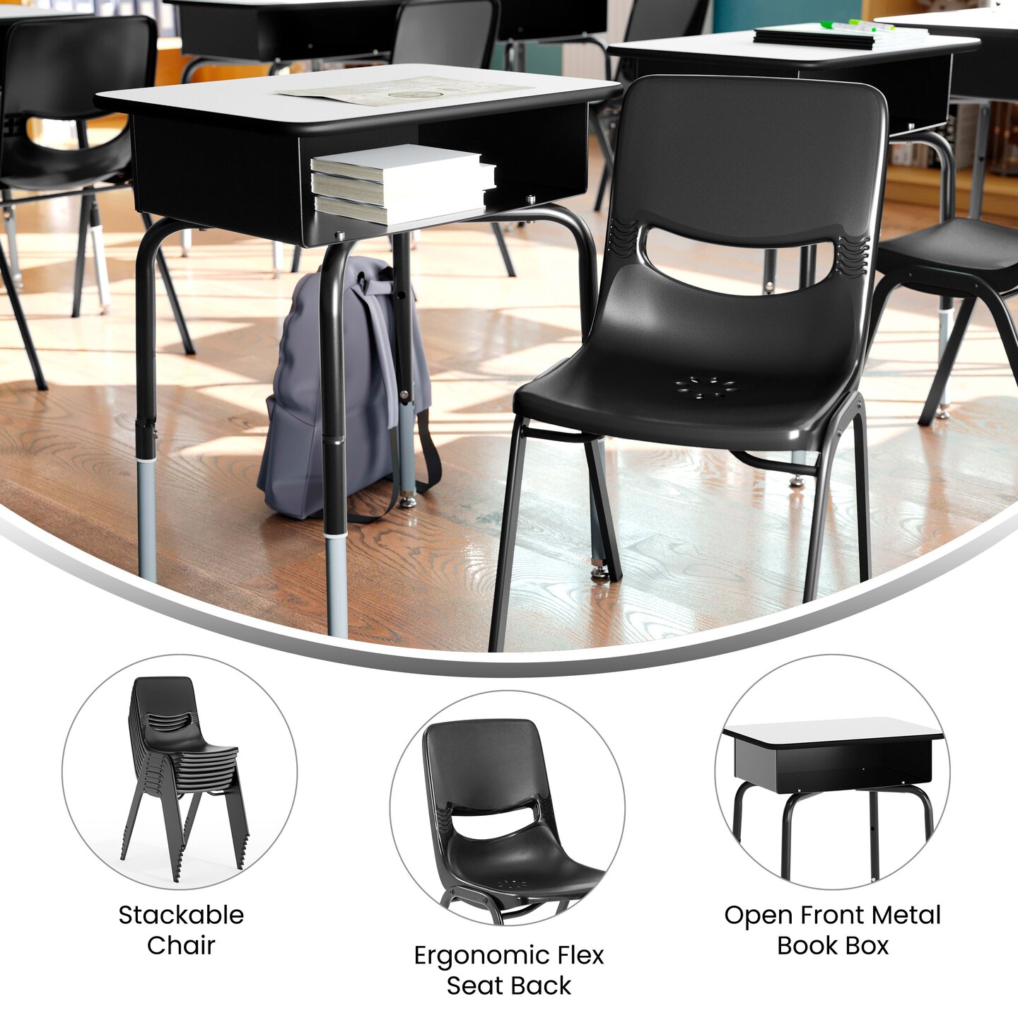 Emma and Oliver Jacobs Desk/Chair Set with Metal Open Front Storage Box, Desktop, Metal Frame and Stackable Flex Comfort Classroom Chair