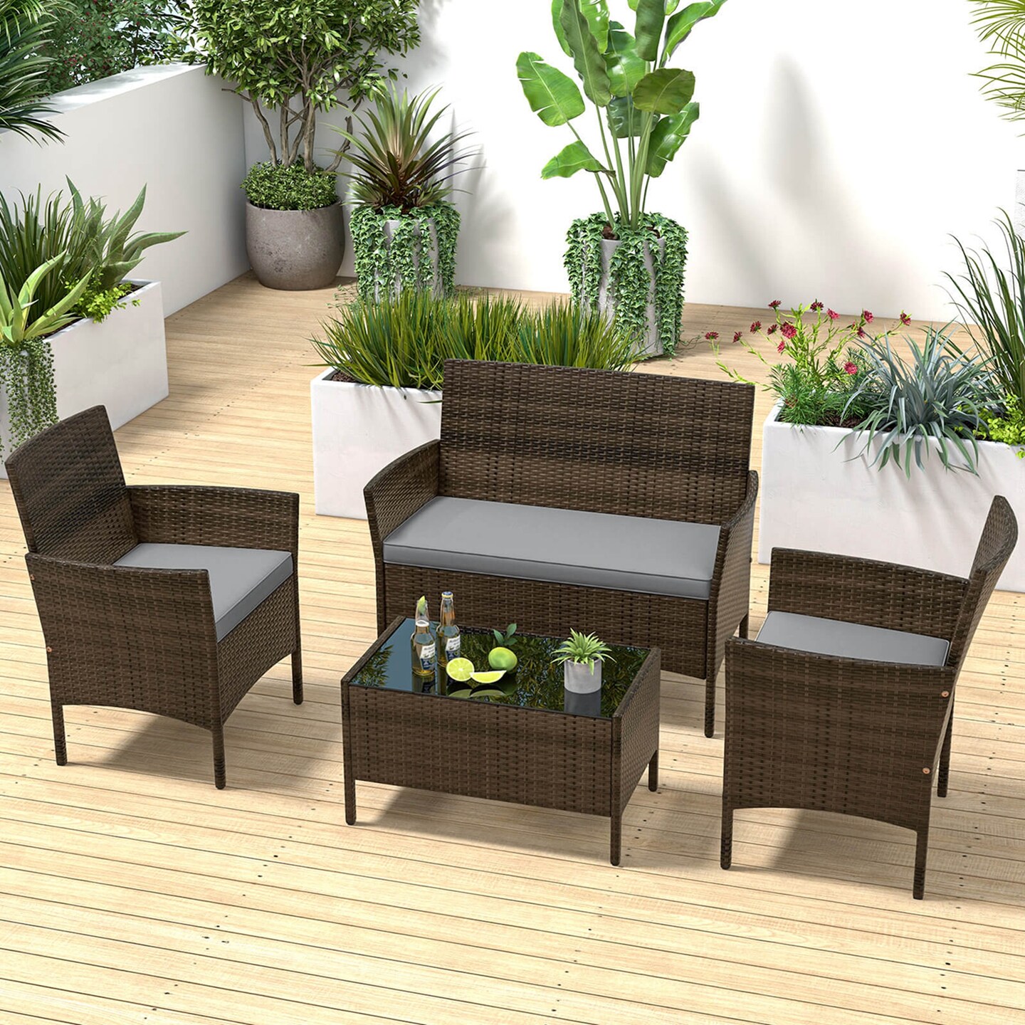 Costway 4 PCS Patio Furniture Set with Washable Cushions and Tempered Glass Coffee Table Beige/Black/Navy/Grey/Turquoise/Red/Blue/Orange