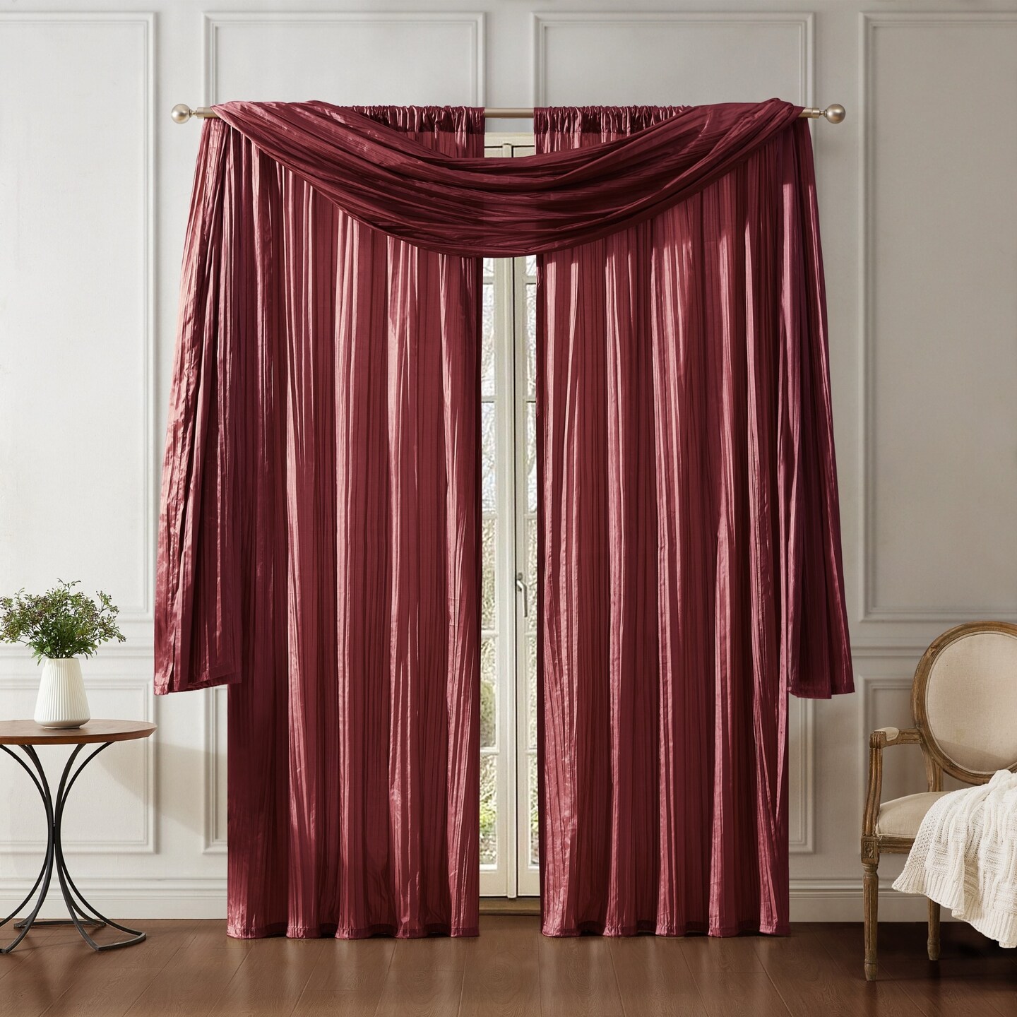 Threadmade Home Athena Faux Silk Window Curtain and Scarf Set, Red - 52"W x 84"L