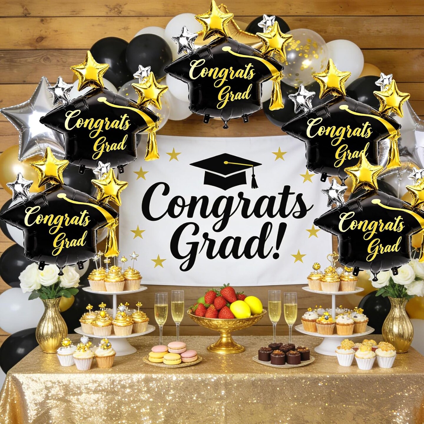 Graduation Party Balloons – 5-Piece Large Black & Gold Graduation Cap Foil Balloon Set (28”) for Class of 2026 Graduation Decorations & Party Displays
