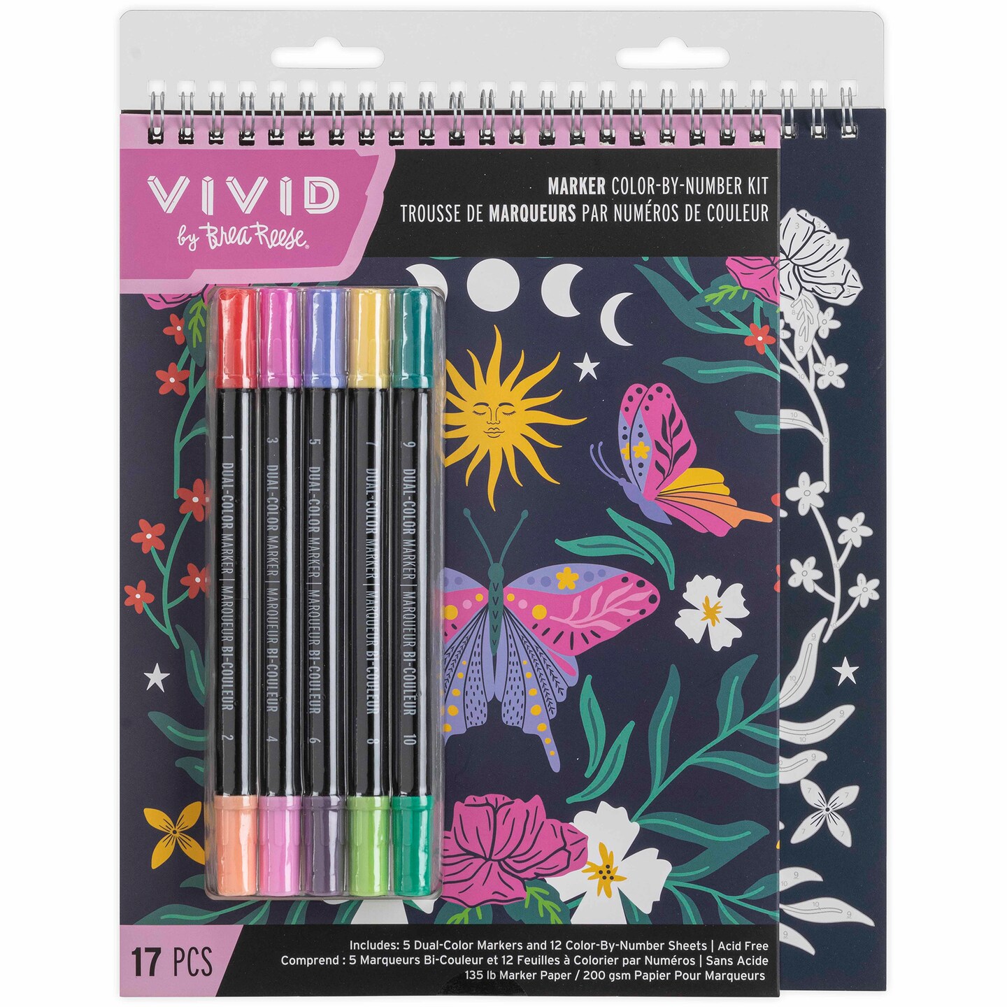 Vivid by Brea Reese: Marker Color-By-Number Kit - Whimsical Botanicals - 5 Dual-Sided Markers, 12 Coloring Pages, Nature-Animal Theme, Spiral Art Pad