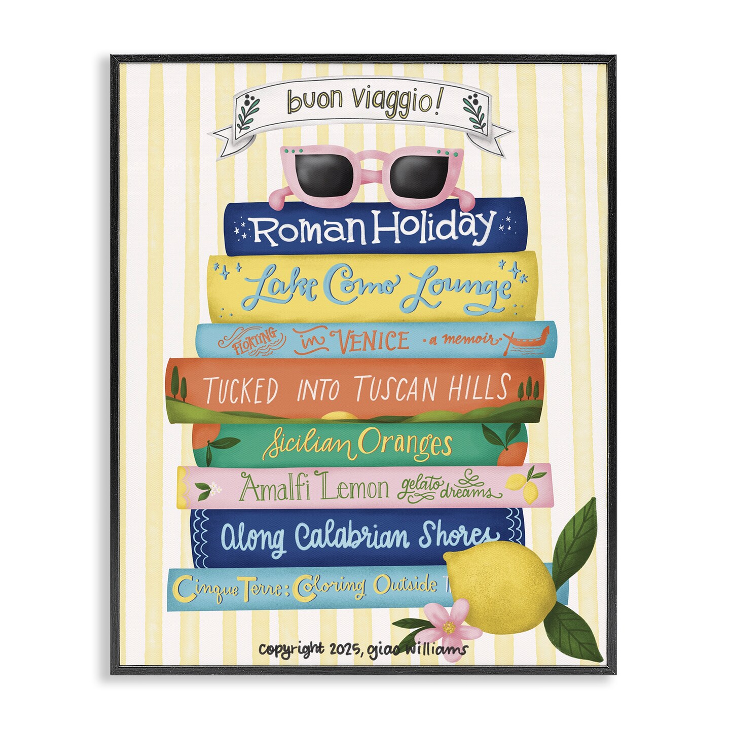 Stupell Industries Buon Viaggio Travel Books Framed Giclee, design by Giao Williams