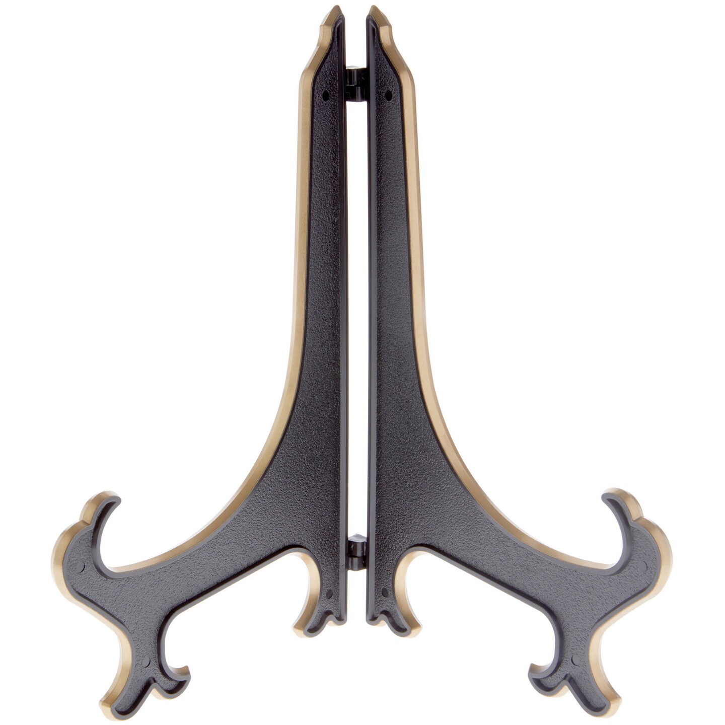 Bard's Hinged Black and Gold Plastic Plate Stand, 10" H x 8.5" W x 6.25" D (For 10" - 14" Plates)