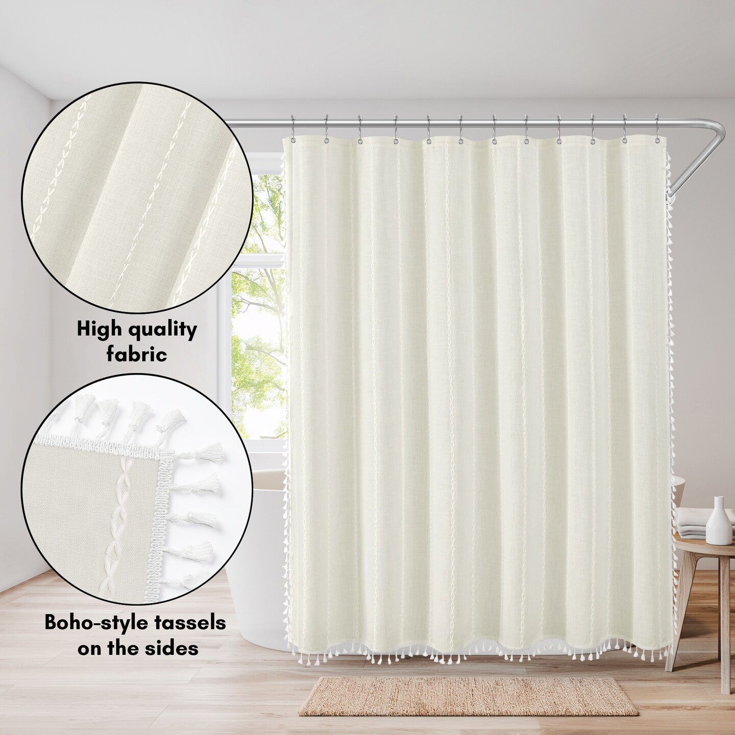 Americanflat 71x71 Woven Linen Shower Curtain with Tassel Accents - Includes 12 Grommets and Hooks - 100% Polyester