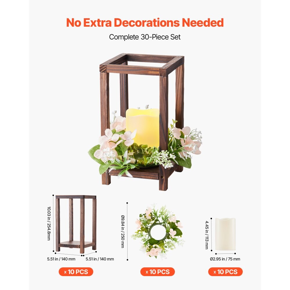Wooden Wedding Lantern Centerpiece with LED Candle, Flower Wreath for Table Decor