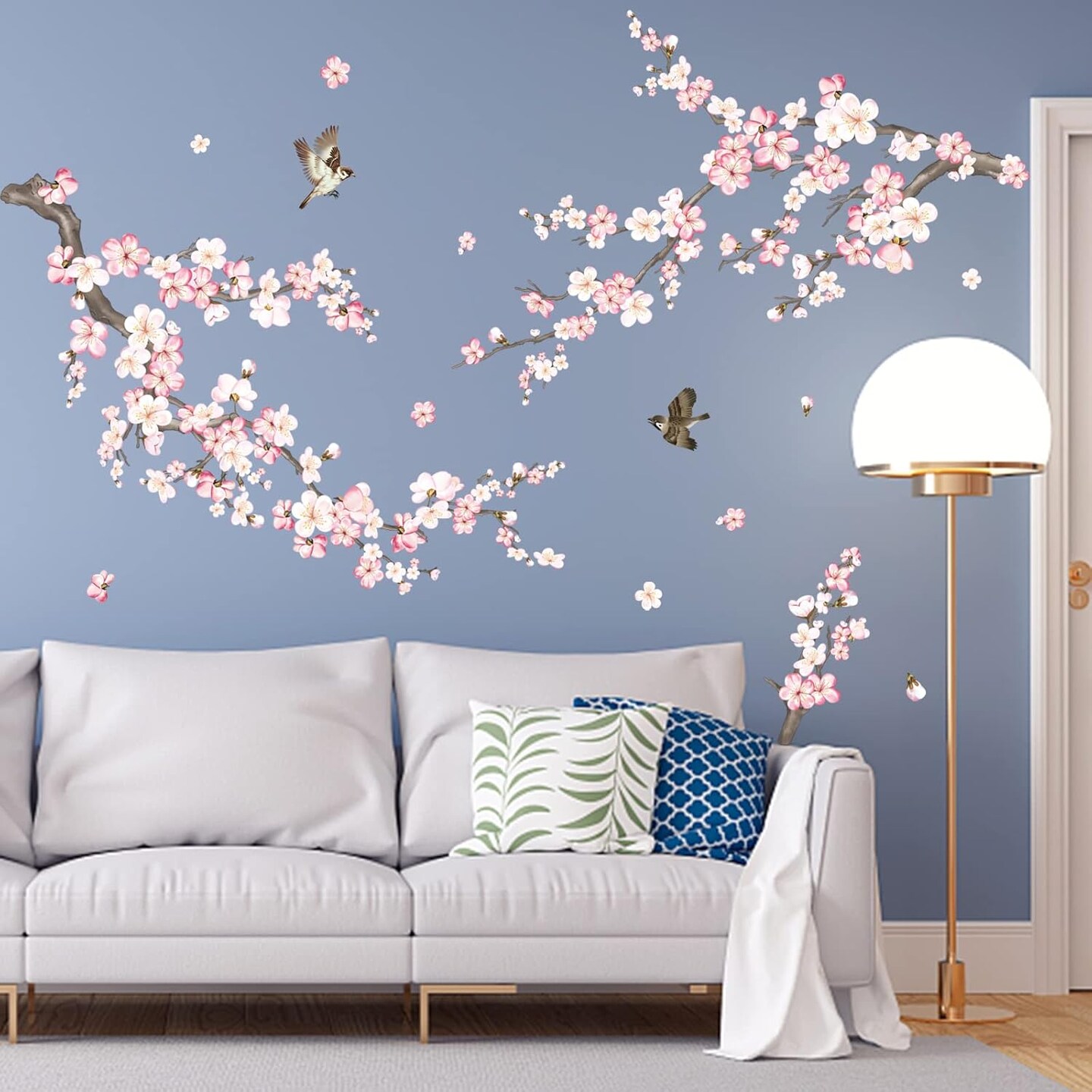 Cherry Blossom Wall Stickers Pink and White Flower Tree Branch Peel (Multicolor)