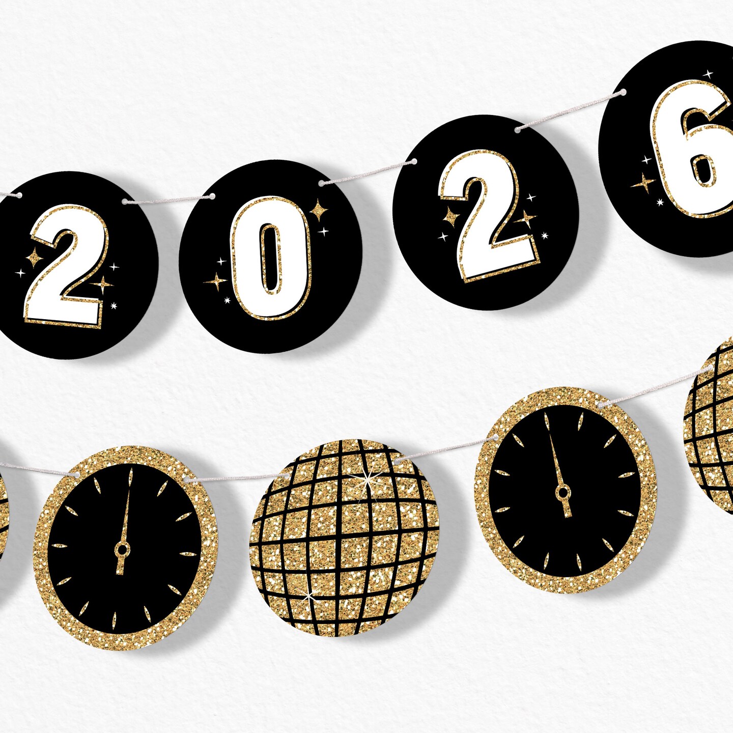 Big Dot of Happiness Hello New Year Garland Banner, 2026 New Year's Eve Decor, 30 Ft of Cord, 15 Paper Disco Balls Midnight Clock Shapes Double-Sided