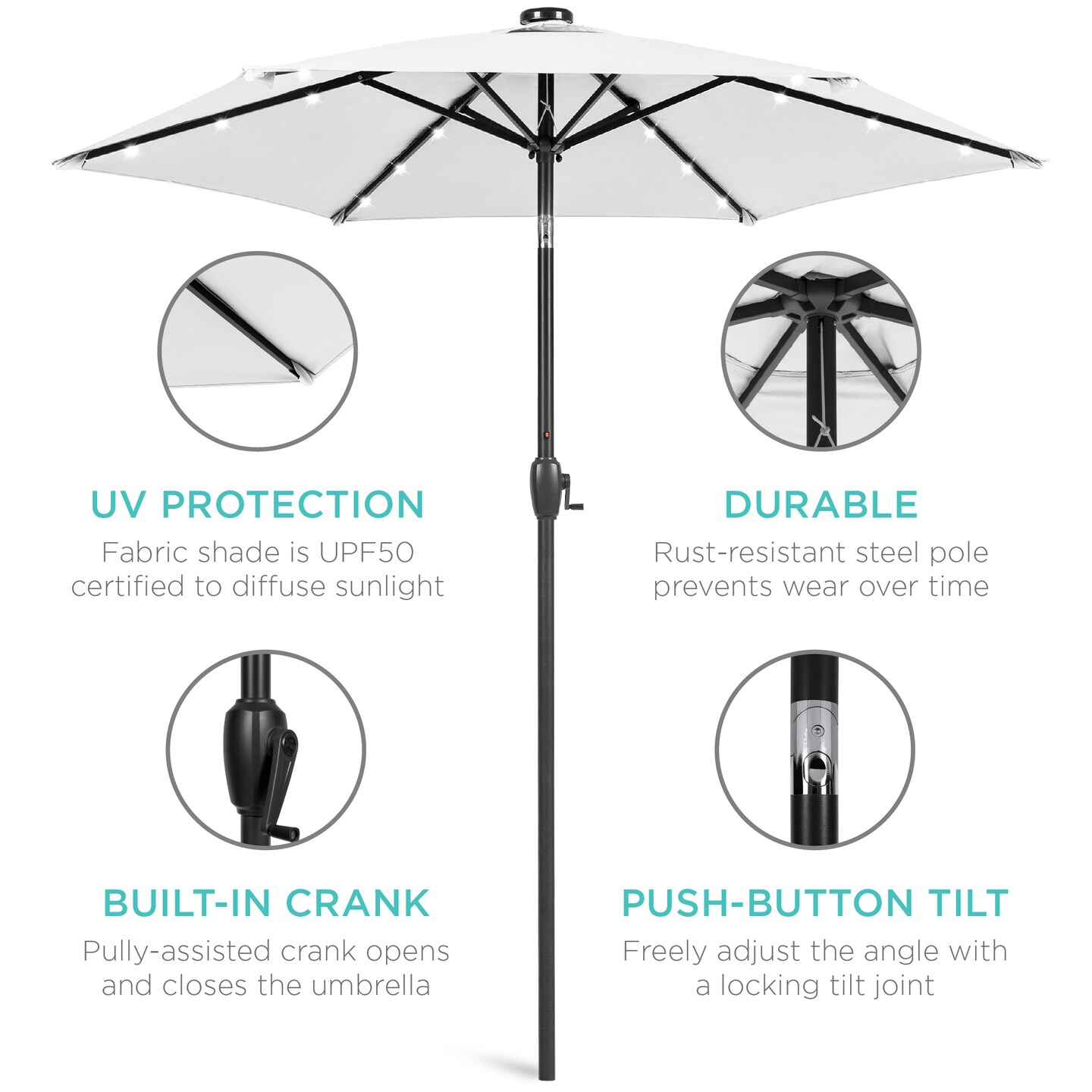Best Choice Products 7.5ft Outdoor Solar Patio Umbrella for Deck, Pool w/ Tilt, Crank, LED Lights