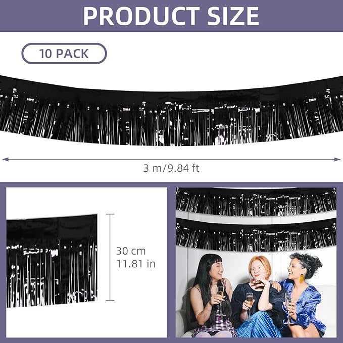 10 Pack 10 Feet Black Fringe Garland Foil Fringe Garland Metallic Tinsel Streamers Fringe Backdrop Banner for Parade Floats Birthday Party Decorations Halloween Christmas Decoration (Black)