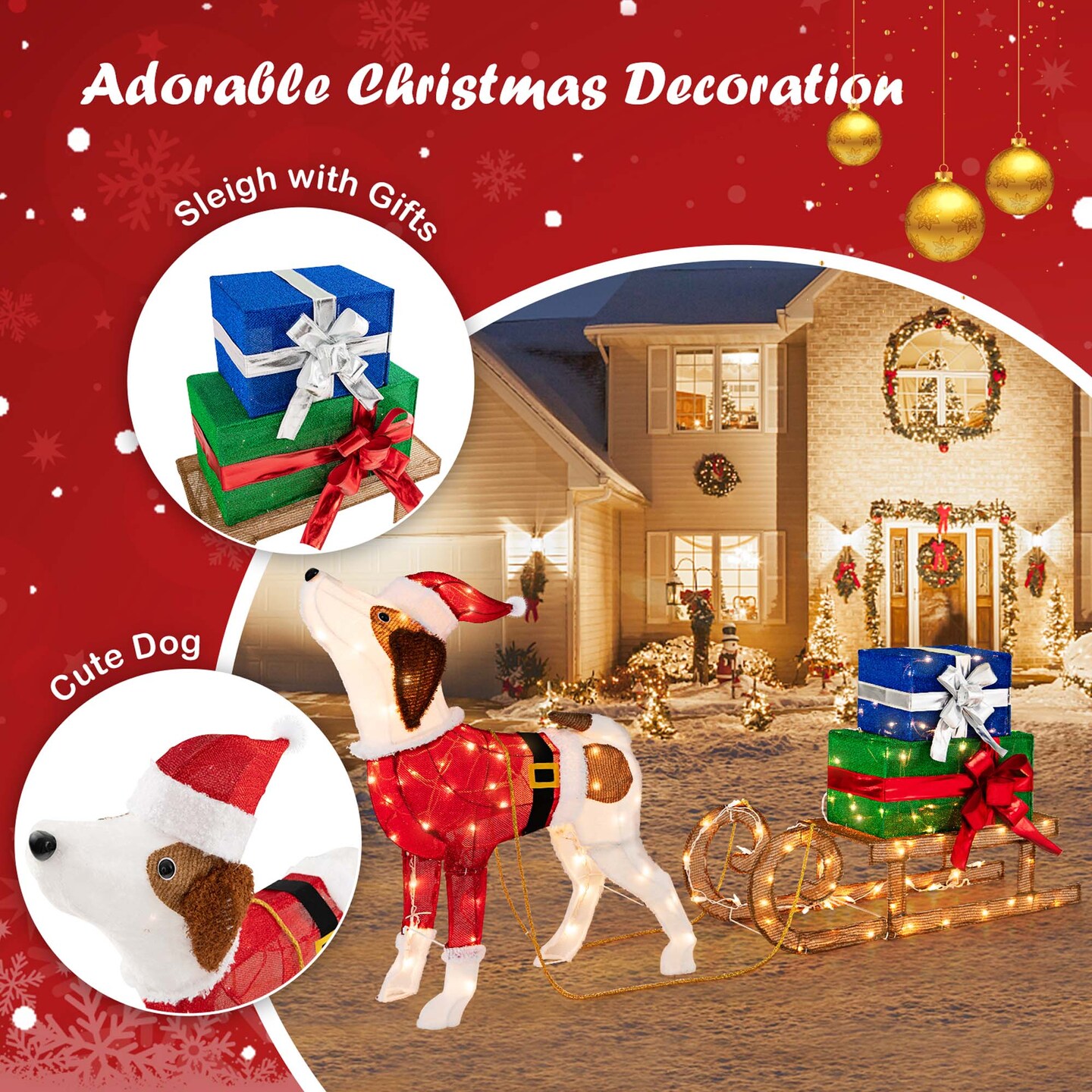 Costway Pre-Lit Christmas Dog Sleigh &#x26; Gift Boxes Combo Xmas Decoration with 170 Lights