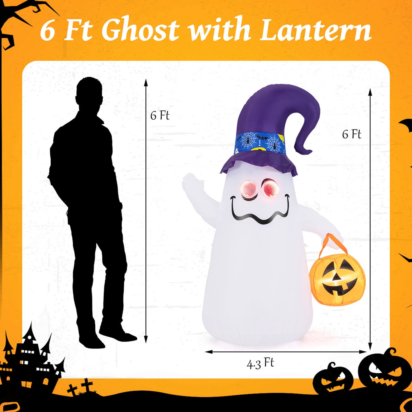 Costway 6 Ft Halloween Inflatables Cute Ghost with Jack-O-Lantern &#x26; Witch Hat
