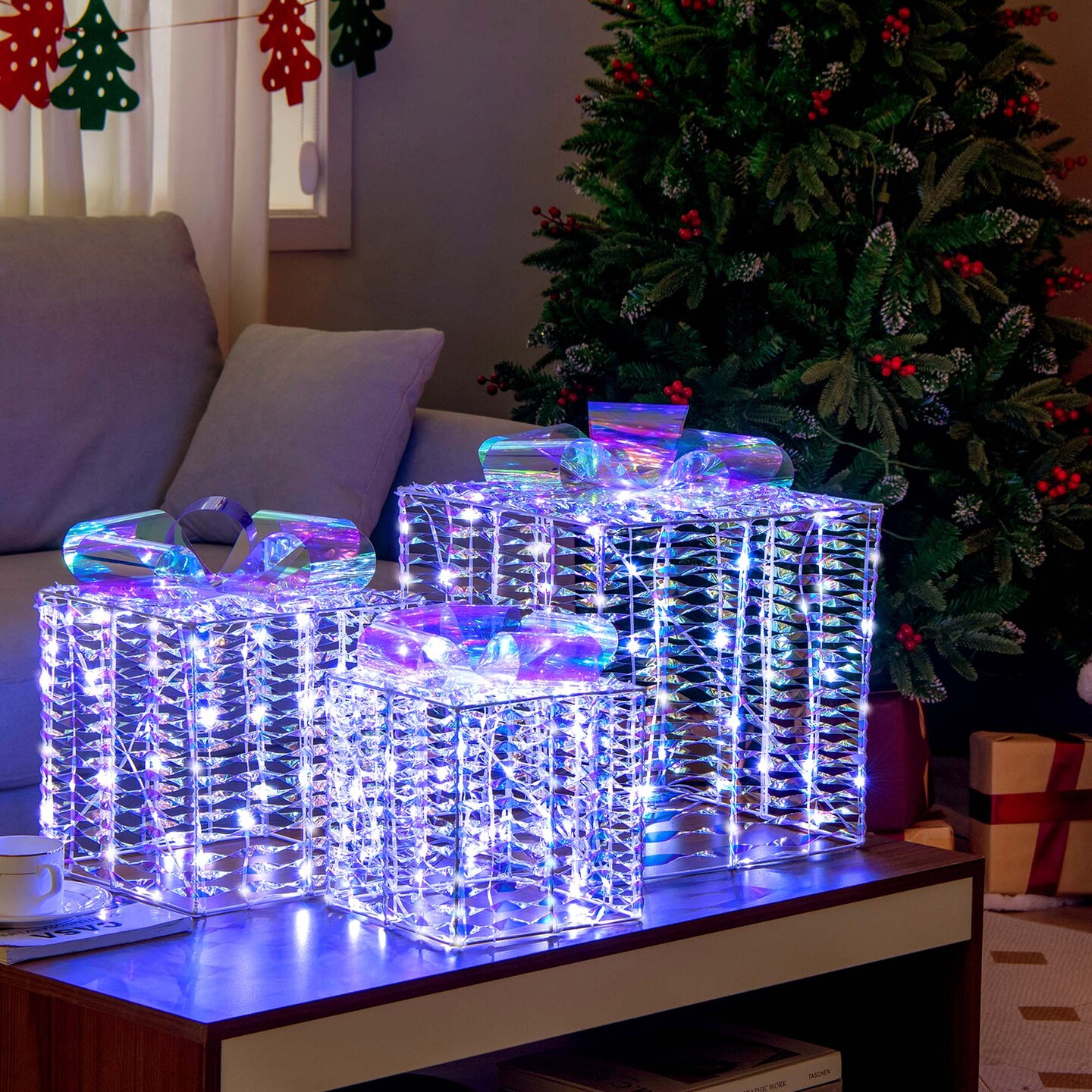 Costway Set of 3 Iridescent Christmas Gift Box LED Lighted Present Box Decoration Yard