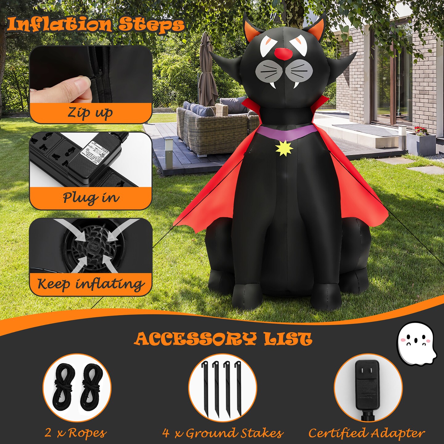 Costway 4.7 FT Halloween Inflatable Vampire Black Cat with Red Cloak Blow-up Decoration