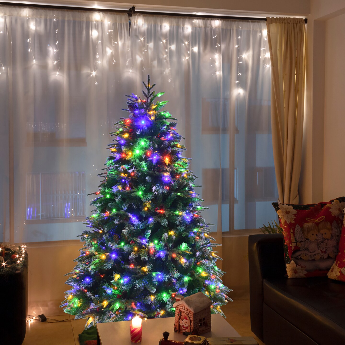 5ft Pre-Lit Snowy Christmas Hinged Tree 11 Flash Modes w/ 250 Multi-Color Lights
