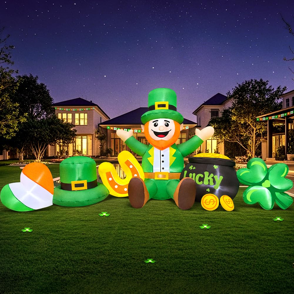 8 FT Long St Patricks Day Inflatables Outdoor Decorations,Inflatable Leprechaun with Clover &#x26; Gold Coins Combo Blow Up Yard Decorations for Holiday Party Yard Lawn Garden