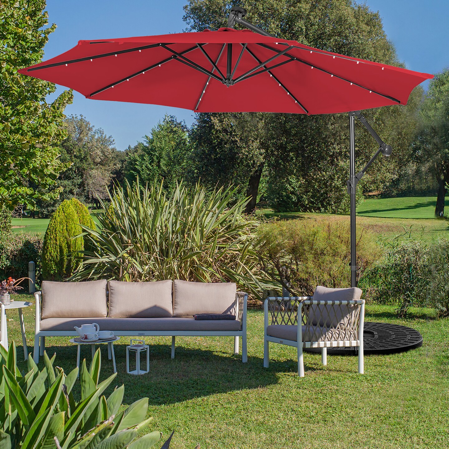 Costway 10FT Cantilever Solar Powered 32LED Lighted Patio Offset Umbrella Outdoor Red\Beige\Coffee\Blue\Navy