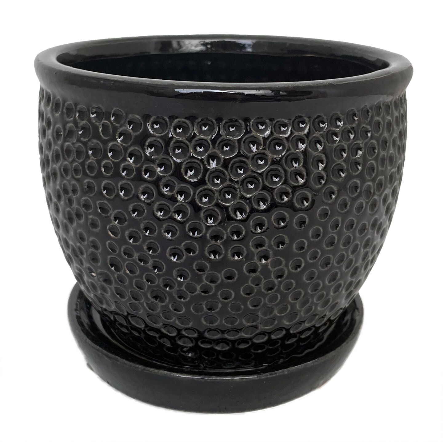 Pebble Black Ceramic Pot with Attached Saucer - 5.5&#x22; x 4.75&#x22;