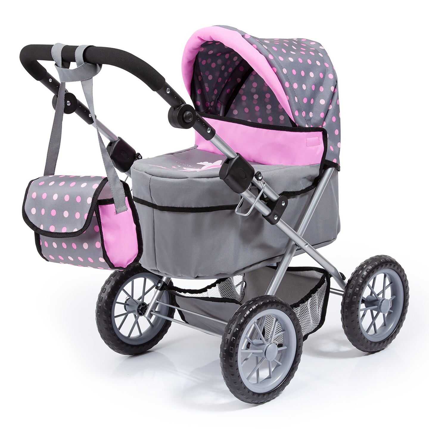 Bayer Design Dolls: Trendy Pram - Grey, Pink, Dots - Includes Shoulder Bag, Fits Dolls Up To 18&#x22;, Adjustable Handle, Kids Pretend Play, Shopping Basket, Easy To Fold, Accessory For Plush Toys Stuffed Animals &#x26; Dolls, Suitable For Children Ages 3+