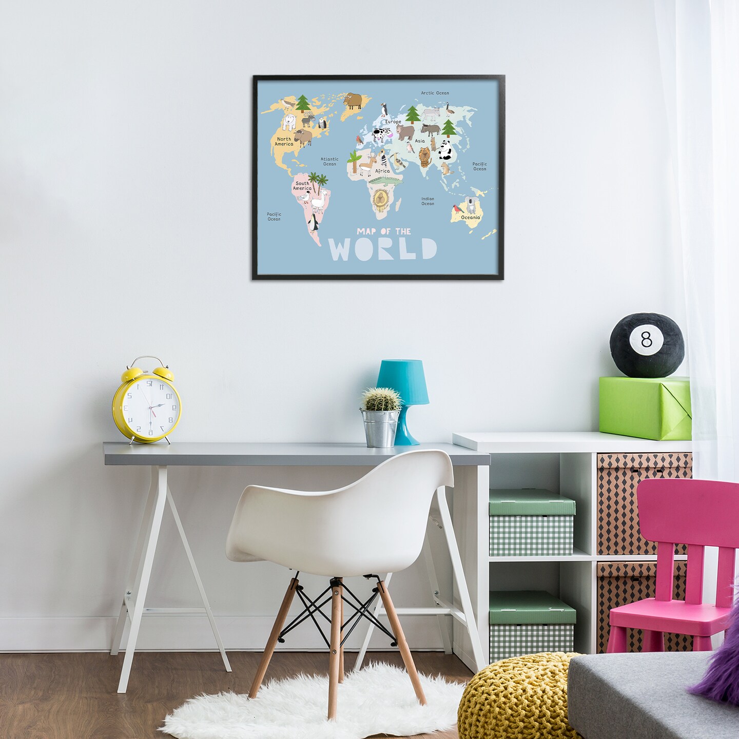 Stupell Industries Kid's Map Of World Blue Framed Giclee, design by Carla Daly