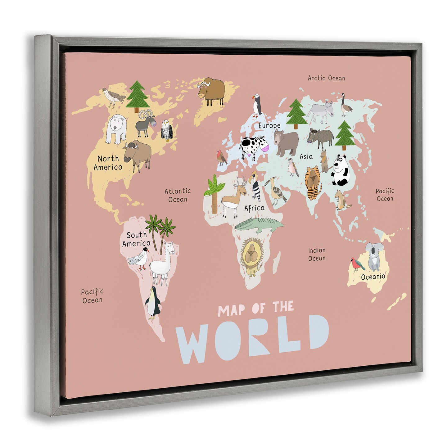 Stupell Industries Kid's Map Of World Pink Floating Frame, design by Carla Daly