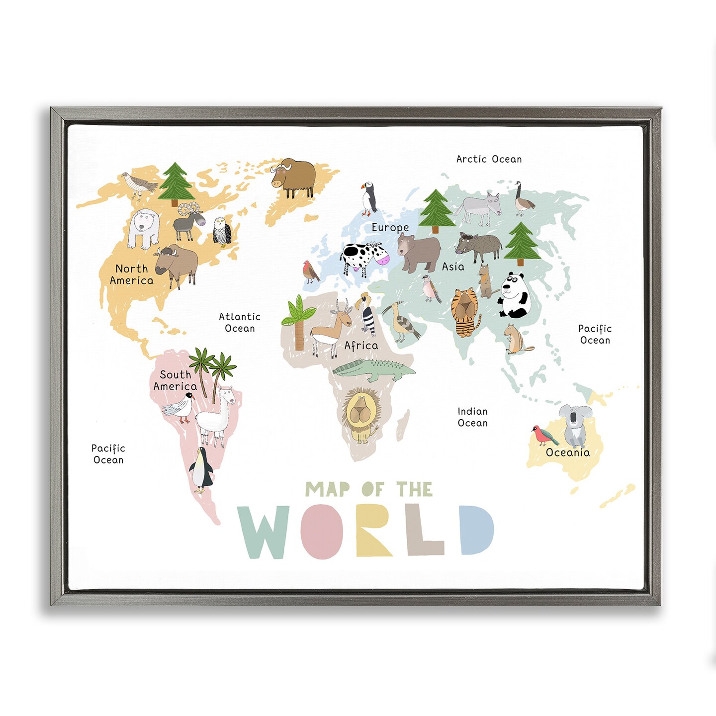Stupell Industries Map Of World Pastel Animals Floating Frame, design by Carla Daly