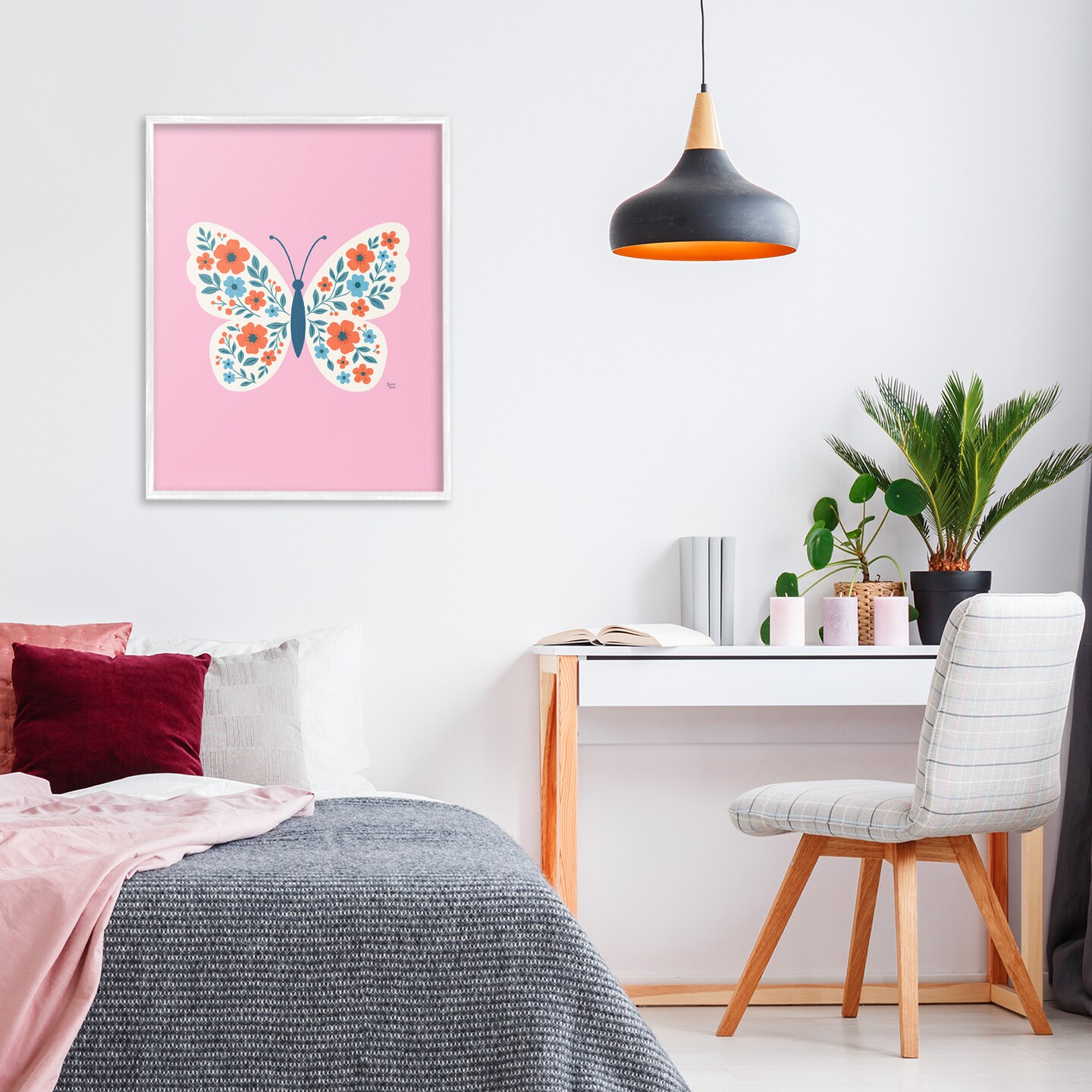 Stupell Industries Boho Pink Floral Butterfly Framed Giclee, design by Jessica Beck