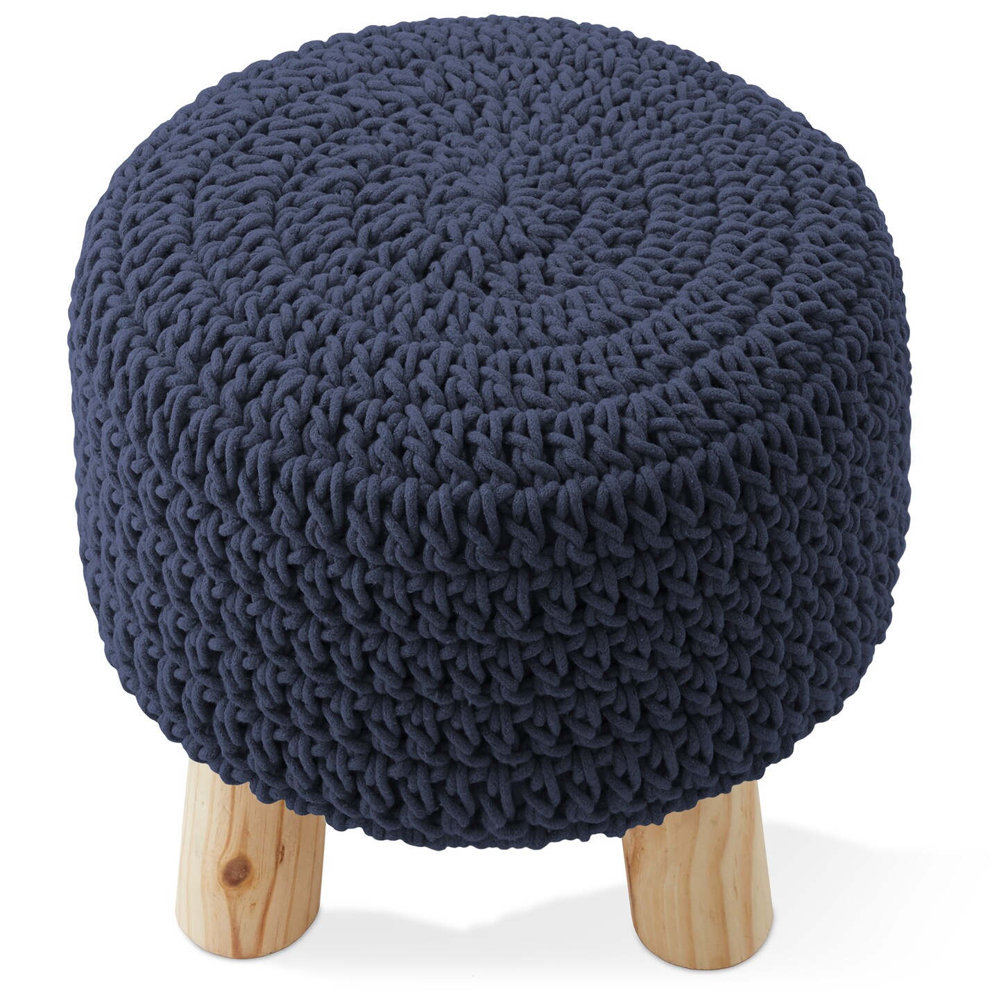Pouf Ottoman Footstool, 13" Round x 11" High, Hand-Knitted Cotton Footrest, Non-Skid Wood Legs, Boho Foot Stool for Living Room, Bedroom