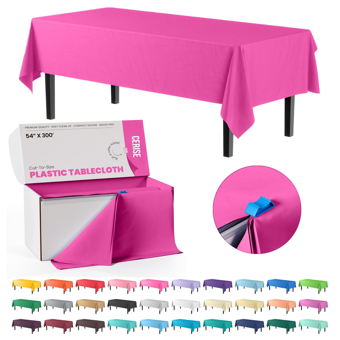Party Solids 54" x 300' Plastic Table Cover Roll with Slide Cutter – Cut-to-Size Dispenser Box – Makes Up to 36 Disposable 8' Rectangle Tablecloths by Exquisite