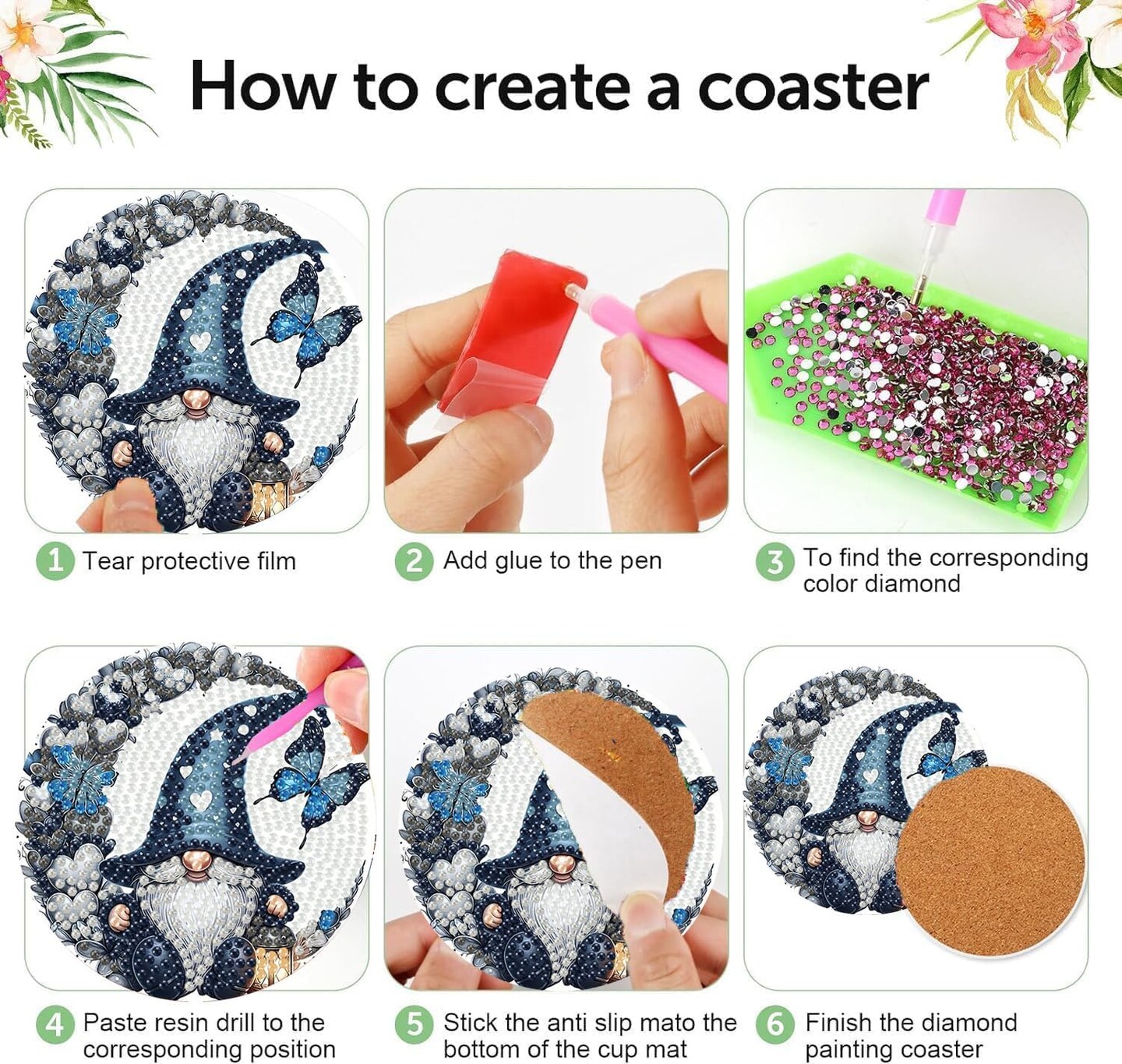 Gnomes Diamond Painting Coasters Kit Set with Holder Cork Pads