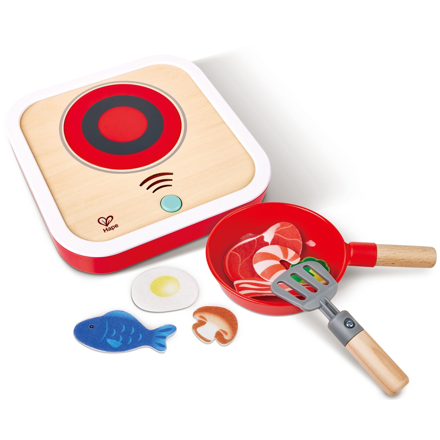 Hape: Interactive Stove Set - Light & Sound, Wooden Cooking Kitchen Play Set, 7pc Felt Food Accessories, Chef Realistic Pretend Play Toy, Kids Ages 3+