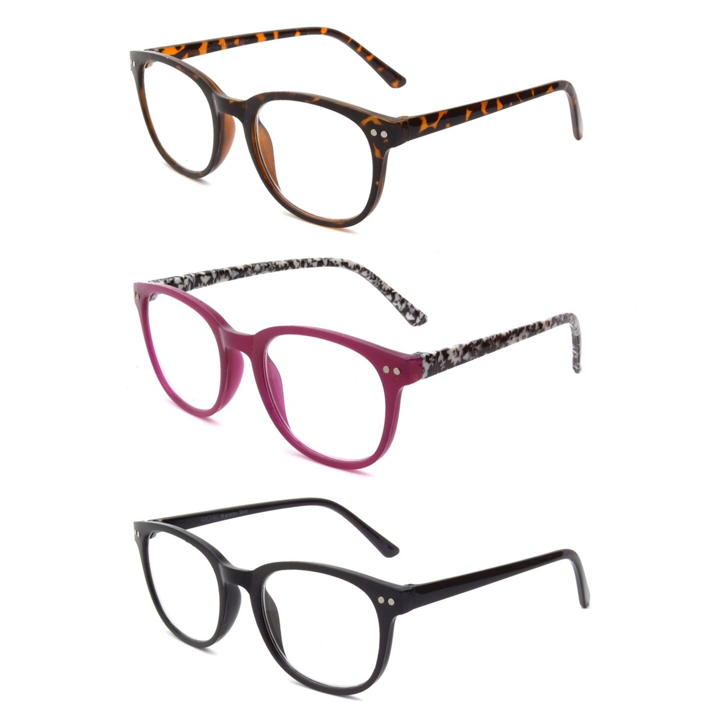 RACHEL Rachel Roy 3 Pack Reading Glasses, Square Frames in Black, Animal Print or Pink with Floral Temples, 1.50 Diopter