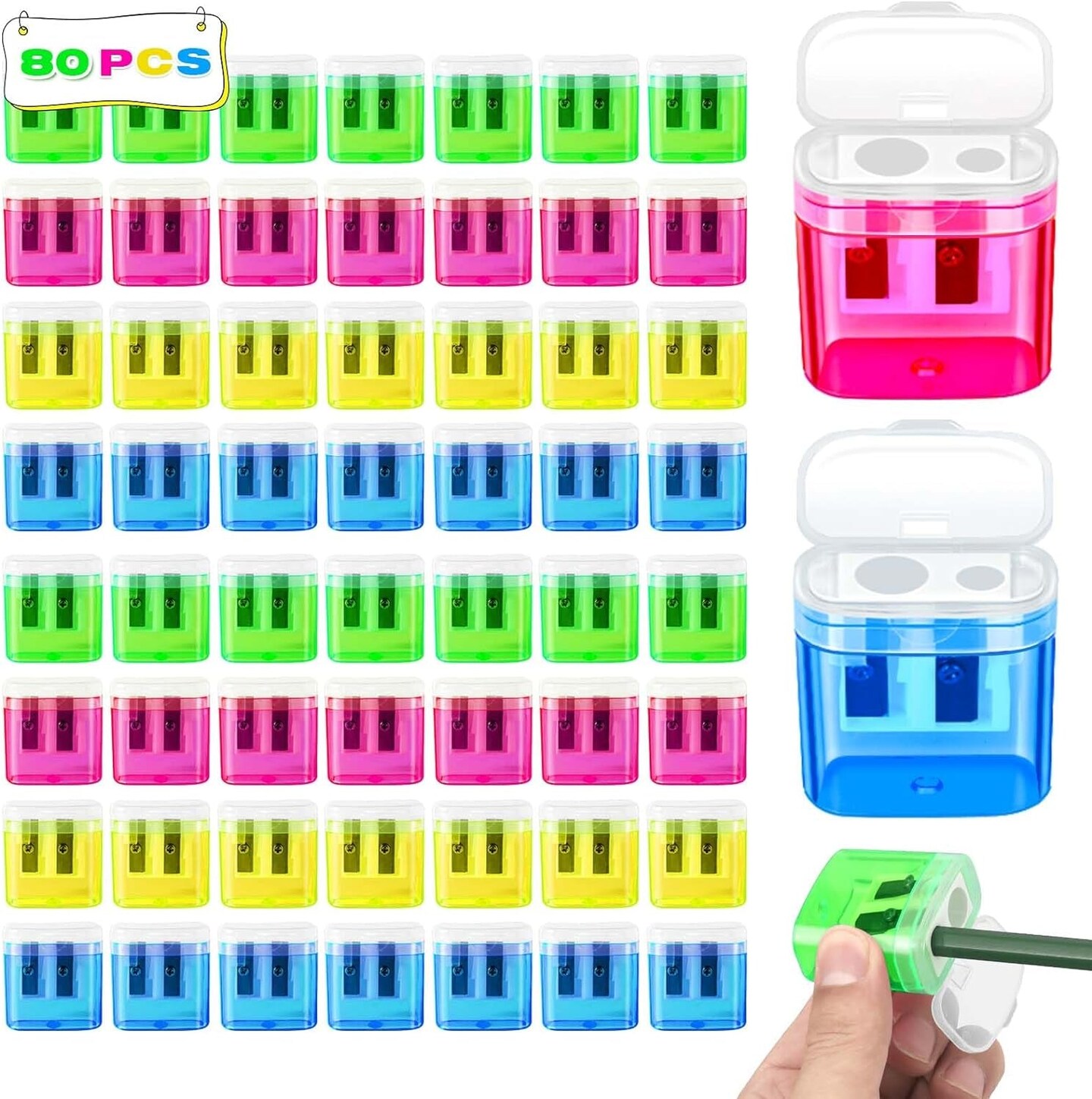 80 Pack Pencil Sharpener Bulk, Manual Pencil Sharpener with Lid for Kids, Double Hole Handheld Pencil Sharpeners for Classroom School Office Supplies, 4 Colors