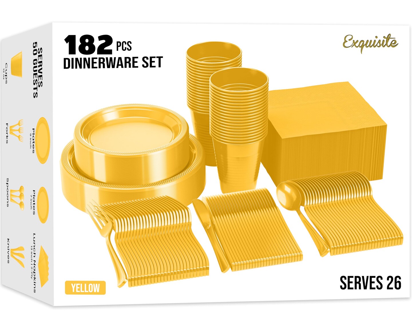 Exquisite 182 Pcs Plastic Plates for Party – Disposable Plates Set – 26 Each of 9" Dinner Plates, 7" Dessert Plates, Plastic Cups, Napkins & Plastic Cutlery – Plastic Dinnerware by Party Solids