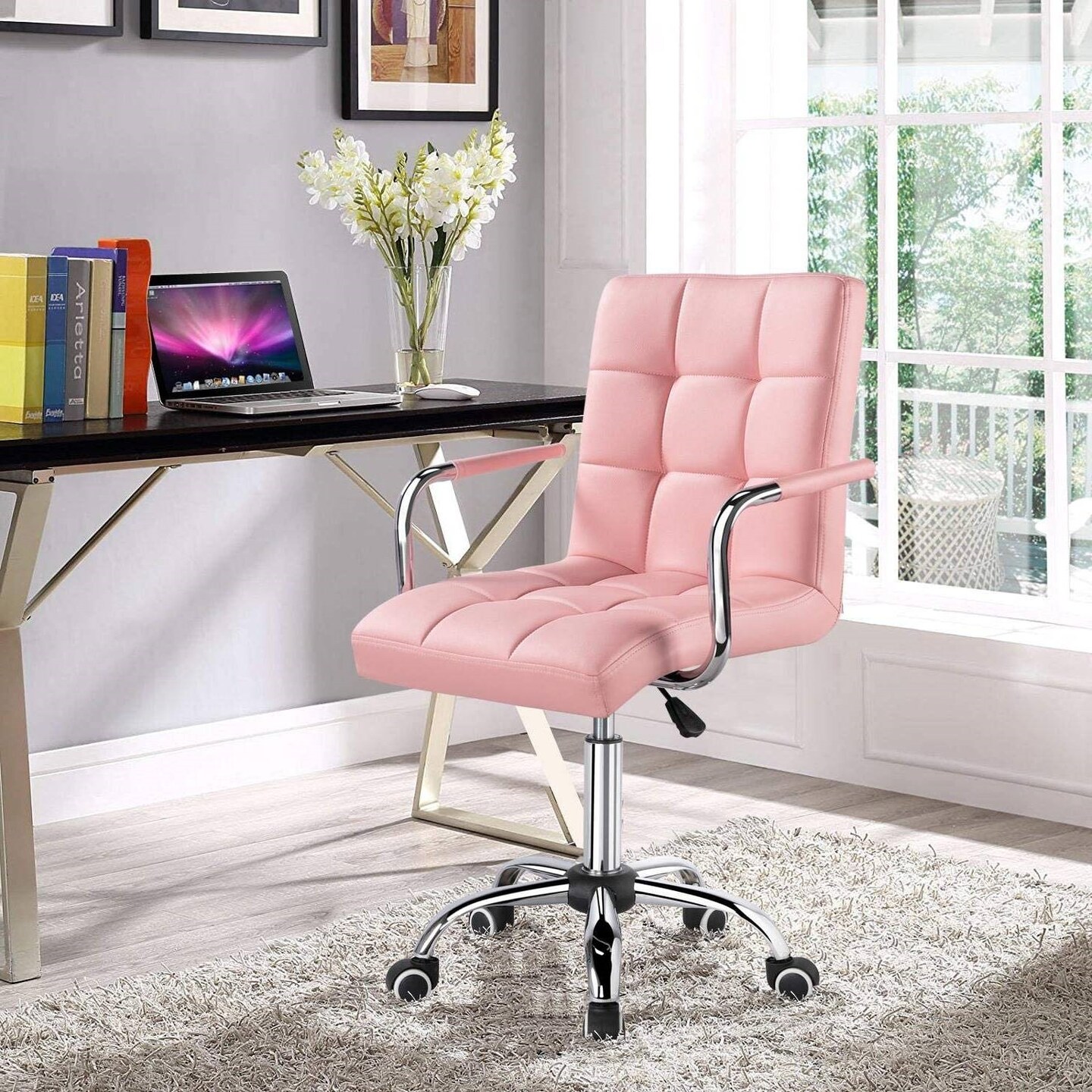 Faux Leather Adjustable Swivel Mid-Back Swivel Office Chair with Rolling Wheels