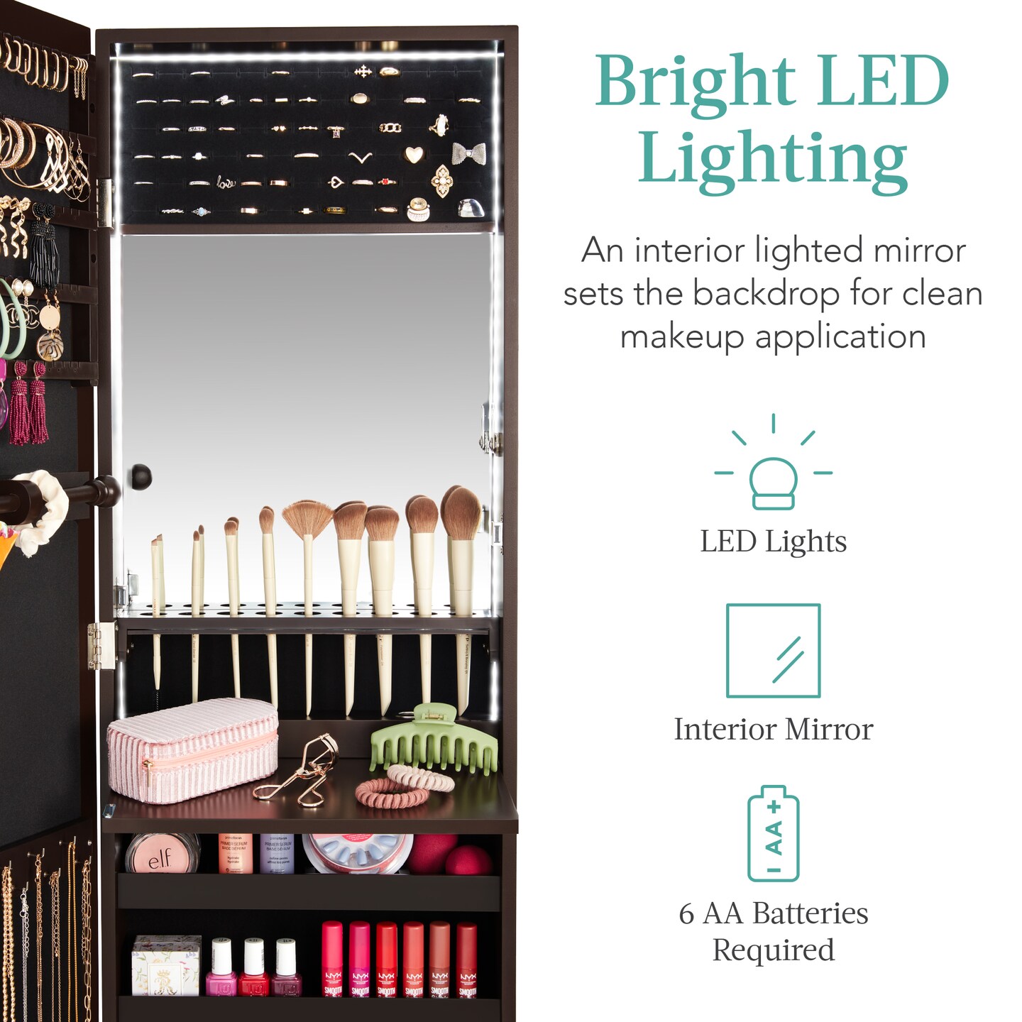 Best Choice Products Hanging Mirror Jewelry Armoire, Door or Wall Mounted Cabinet w/ LED Lights, Lock