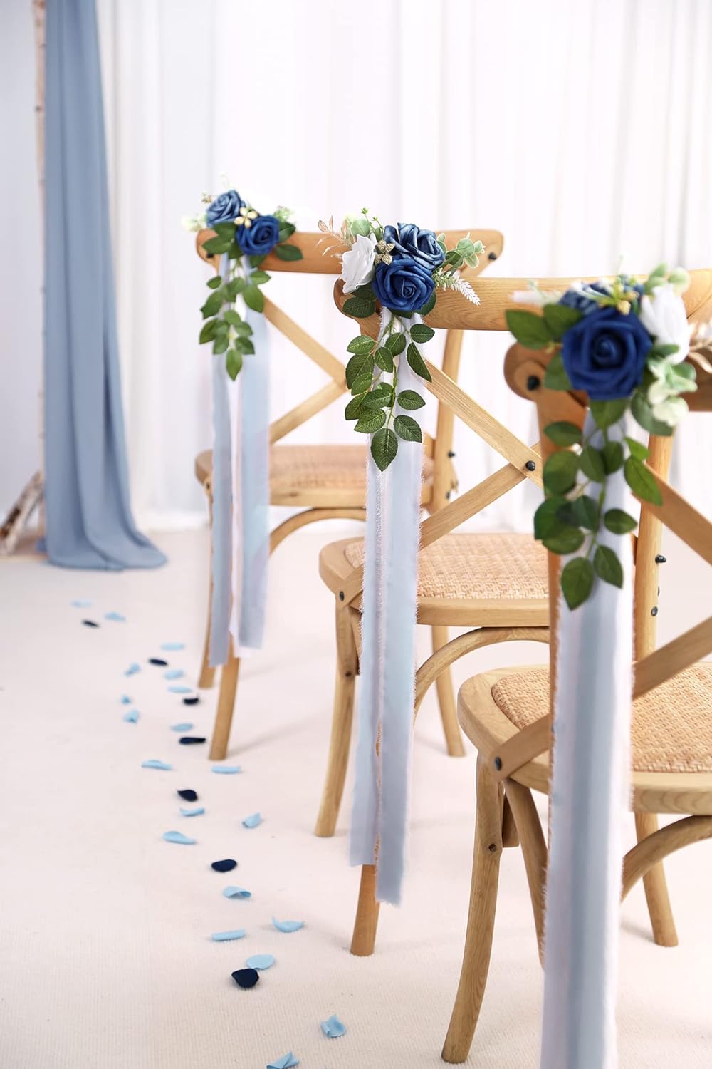 Chair Decorations Party Decor with Artificial Flowers Eucalyptus and Ribbons Blue