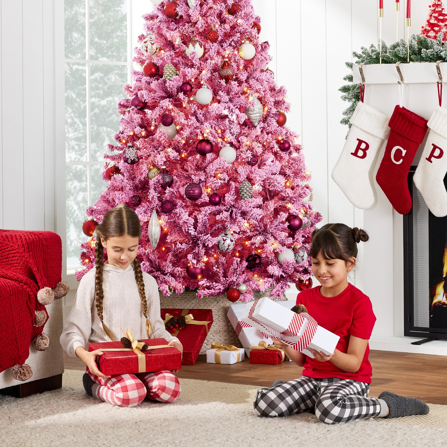 Best Choice Products Prelit Pink Artificial Christmas Tree, Snow Flocked Fir Holiday Decoration