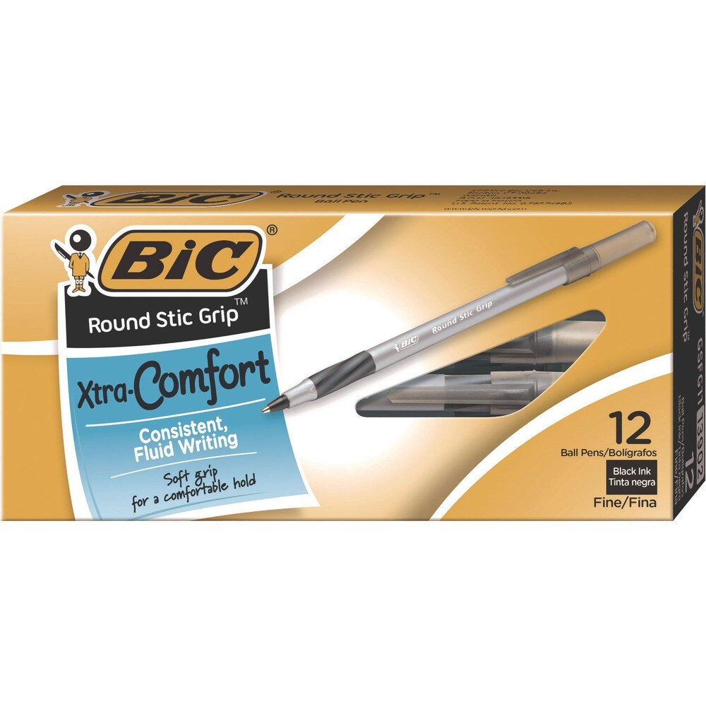 BIC Round Stic Grip Xtra Comfort Fine 0.8 mm. Stick Ballpoint Pen - Black Ink/Gray/Black Barrel (1-Dozen)