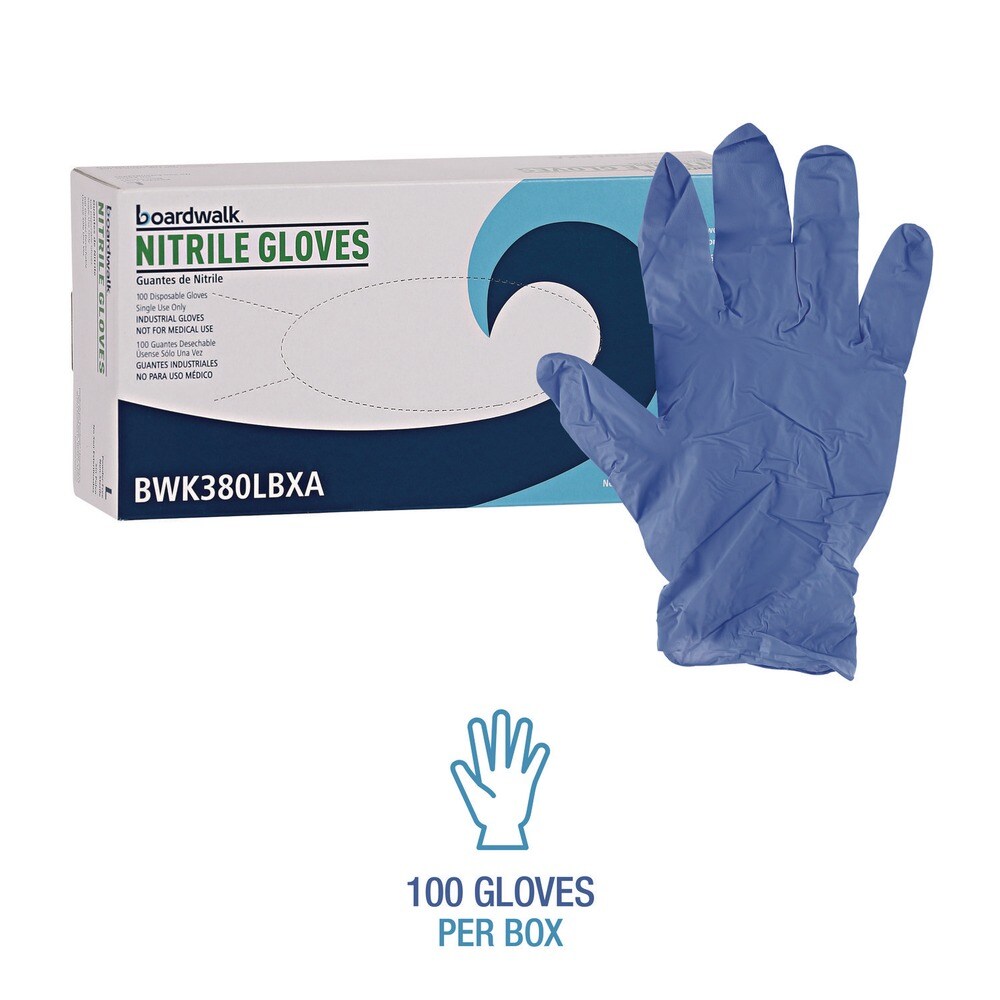 Boardwalk 380 Series 4 mil Thick 9.5 in. Long Powder-Free Disposable General-Purpose Nitrile Gloves - Large, Blue (100/Box)