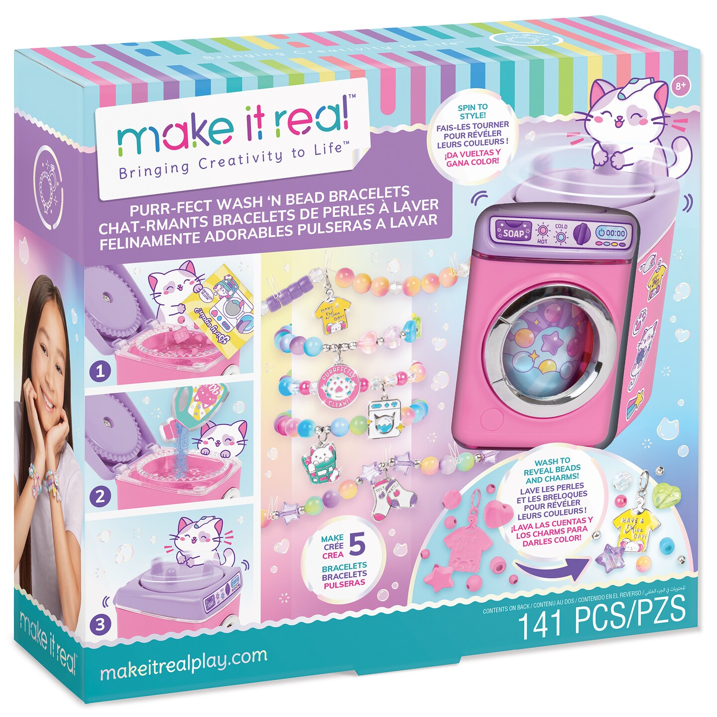 Make It Real: Purr-fect Wash &#x27;N Bead Bracelets - 141pc, DIY Jewelry Craft Kit, Design-Make 5 Charm Bracelets, Spin To Style, Bead Cleaning, Kids 8+