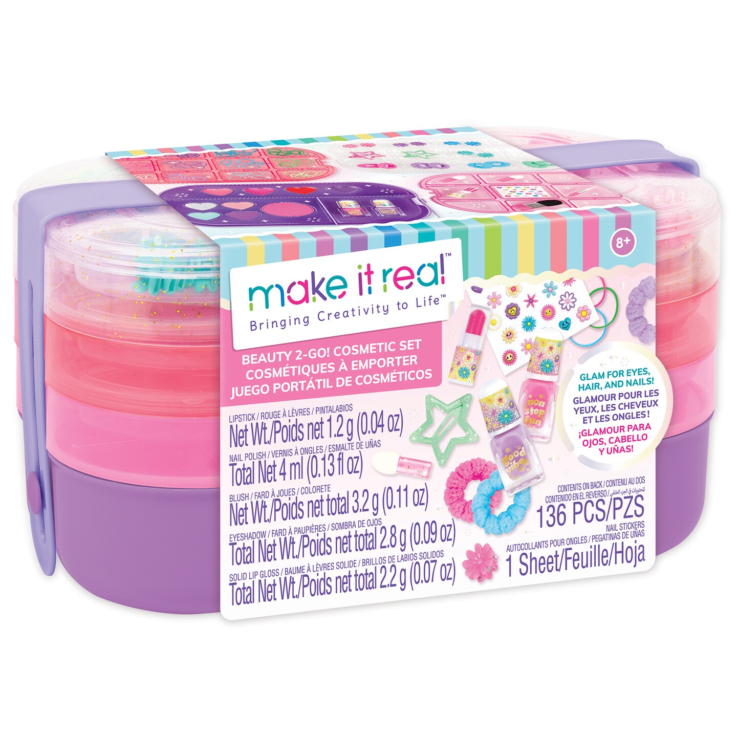 Make It Real: Beauty 2-Go! Cosmetic Set - 136pcs, Glam for Eyes-Hair-Nails, Tray Compartments, Pink & Purple Storage Carry Case, Girls & Kids Ages 8+