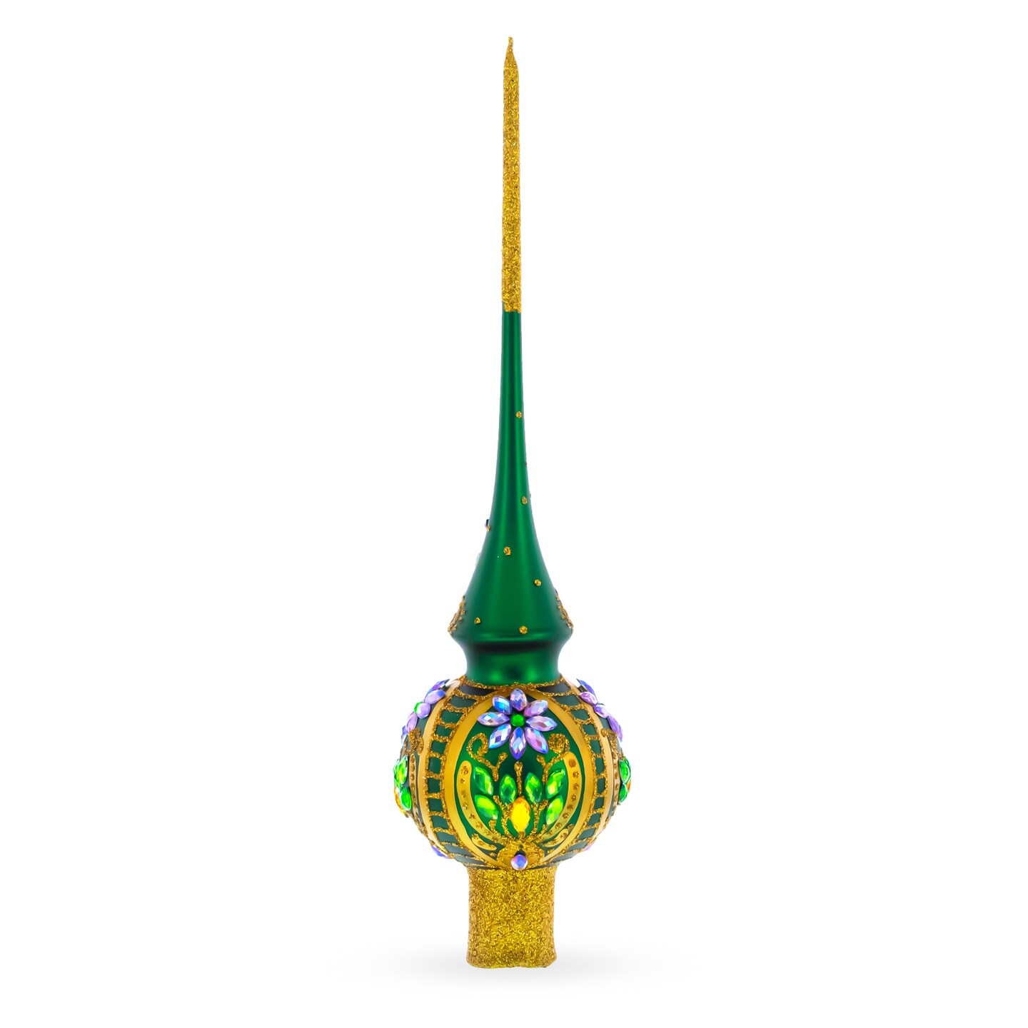 Enchanted Emerald Jeweled Green Blown Glass Christmas Tree Topper 11 Inches